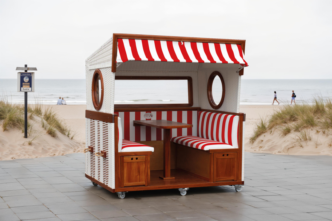 Gosch-Lounge Strandkorb 6-Sitzer durchgeflochten Mahagoni PVC Weiß ERA Dessin 992