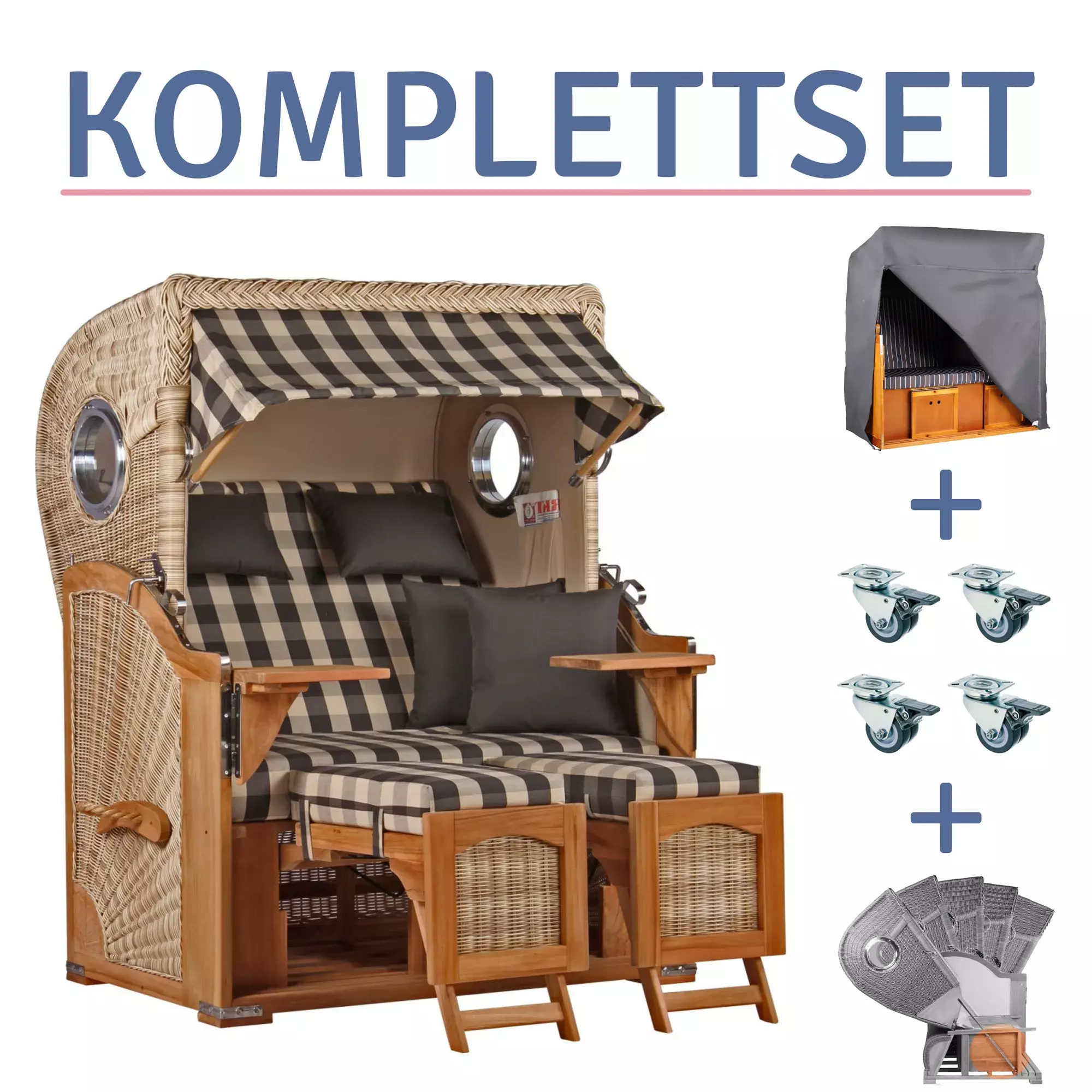 Strandkorb Amrum Teak PE shell Dessin 505-KOMPLETTSET