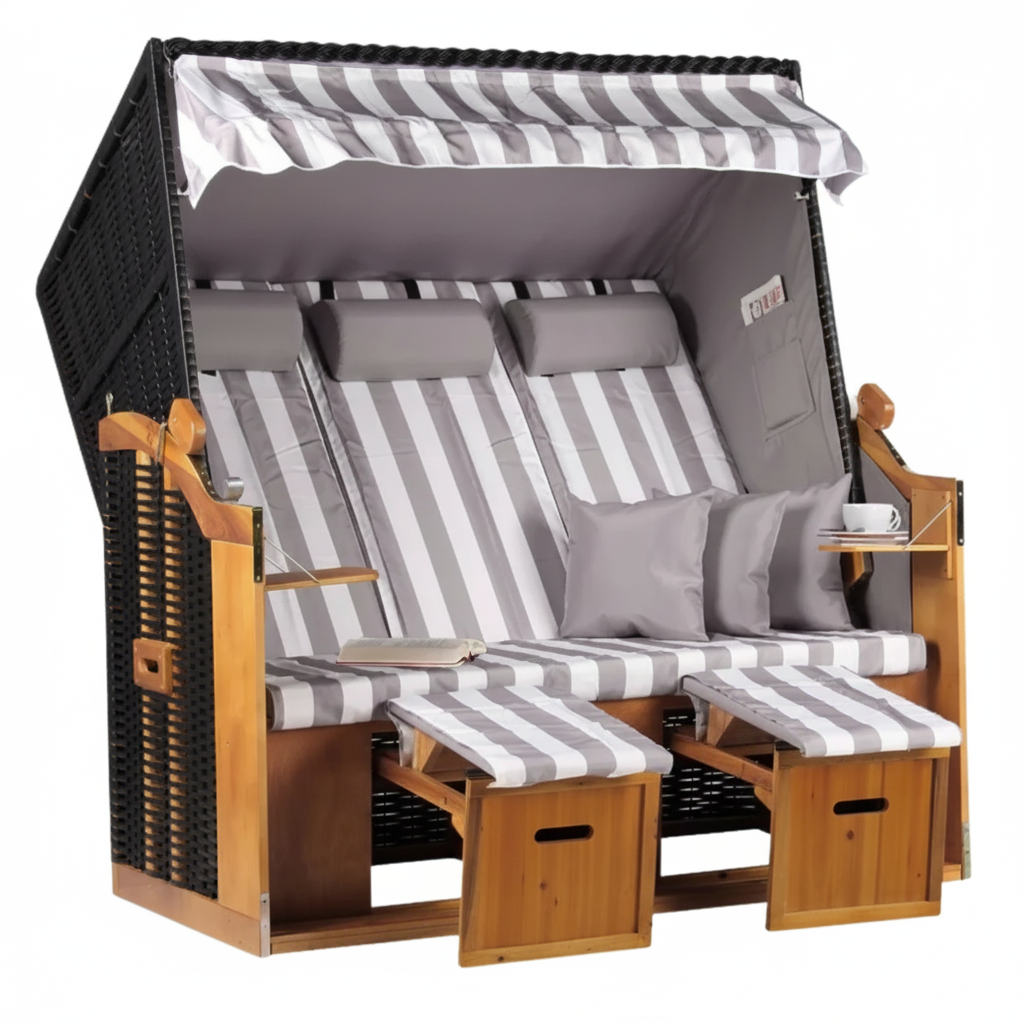 Strandkorb Baltic Dreisitzer PE schwarz Dessin Grau Weiss