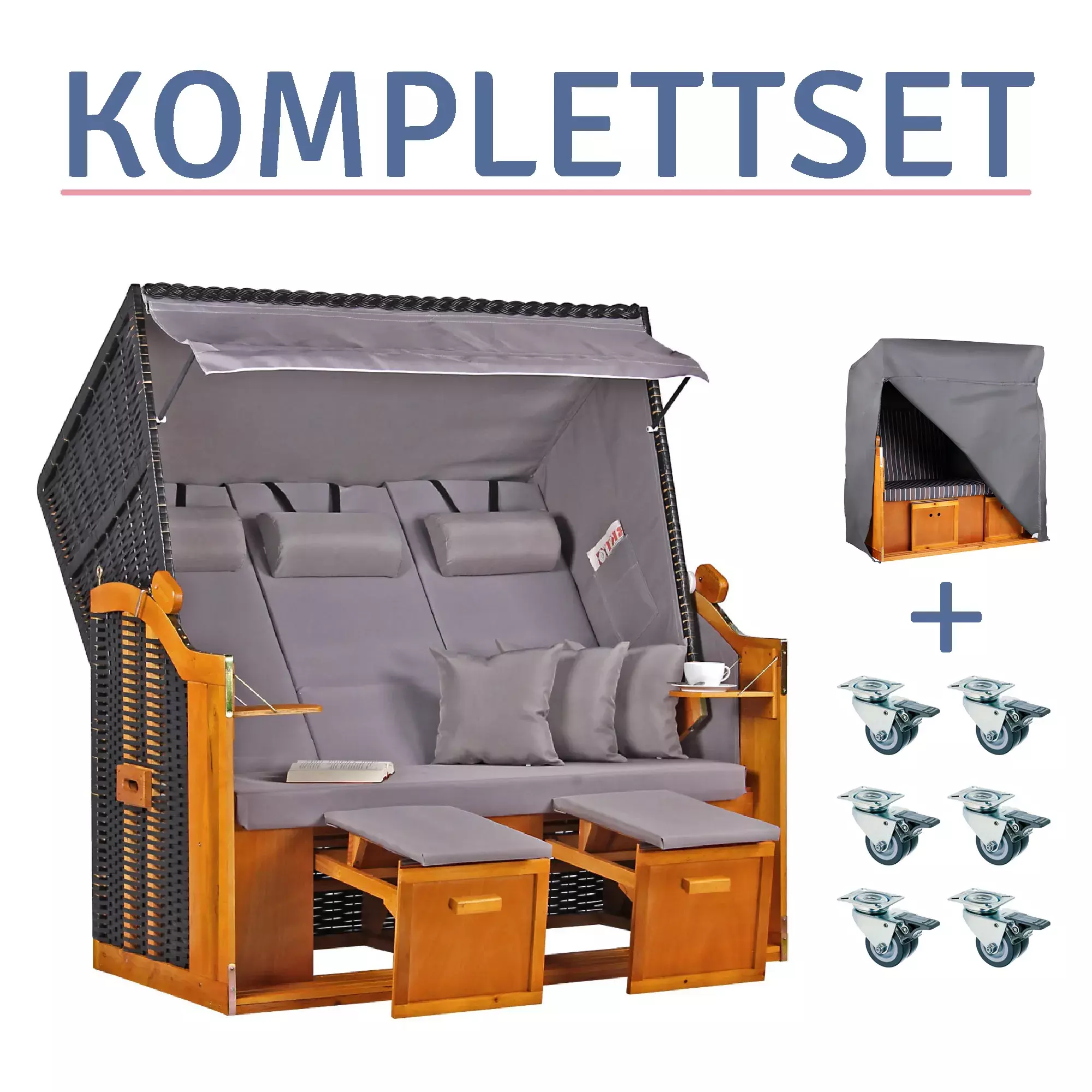 Strandkorb Baltic Dreisitzer PE schwarz Dessin Uni Grau-KOMPLETTSET