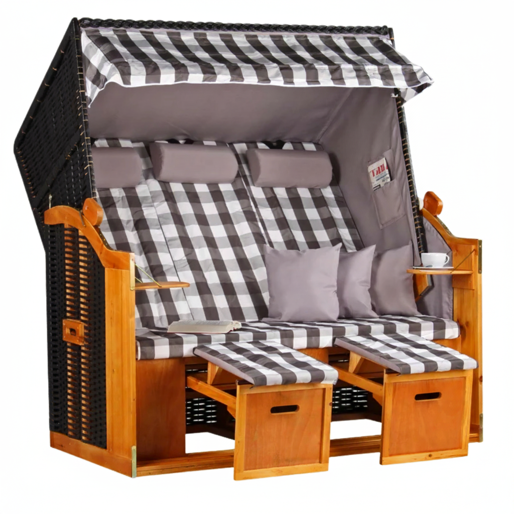 Strandkorb Baltic Dreisitzer PE schwarz Dessin Grau Kariert