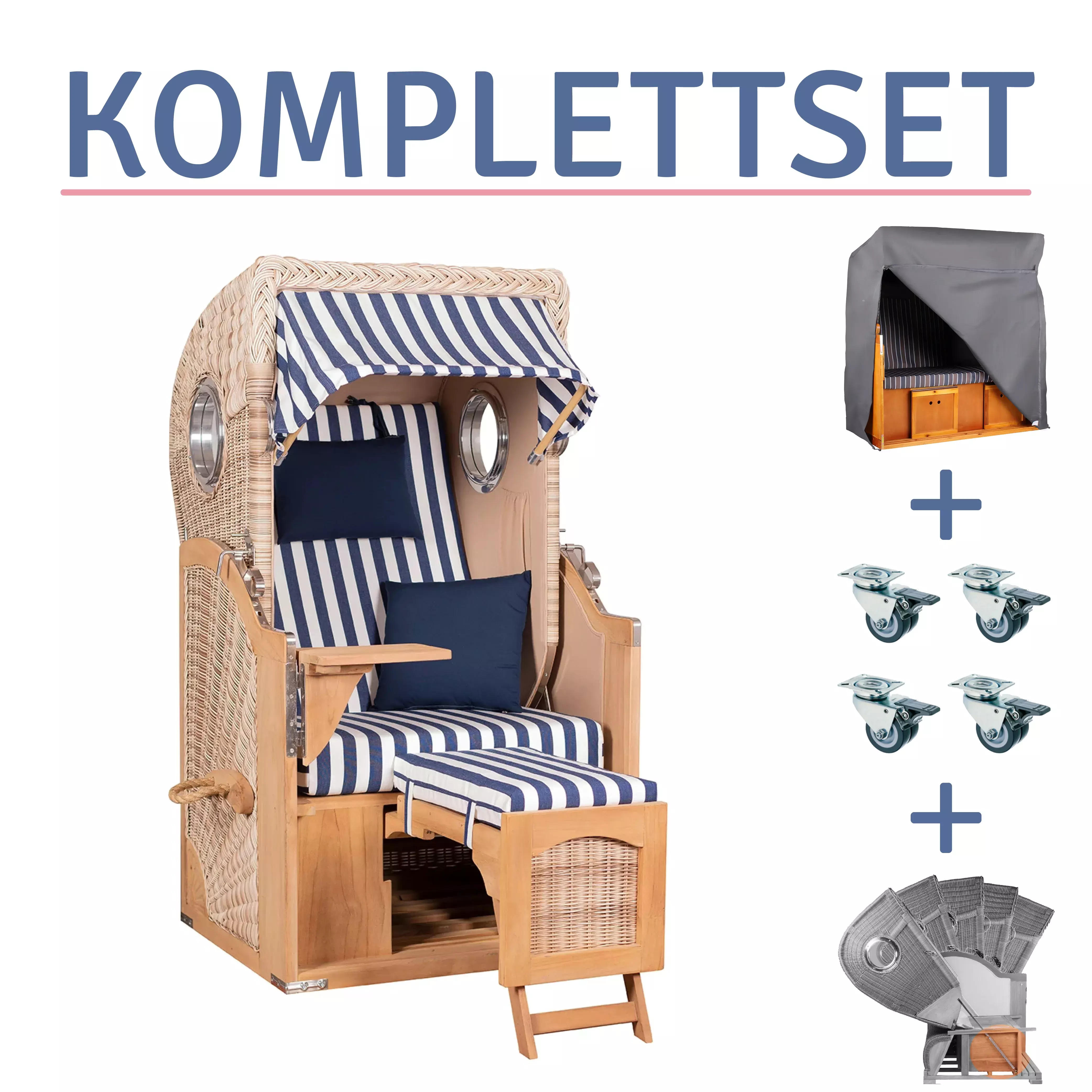 Strandkorb Amrum Single Bullauge Teak PE shell Dessin 518-KOMPLETTSET