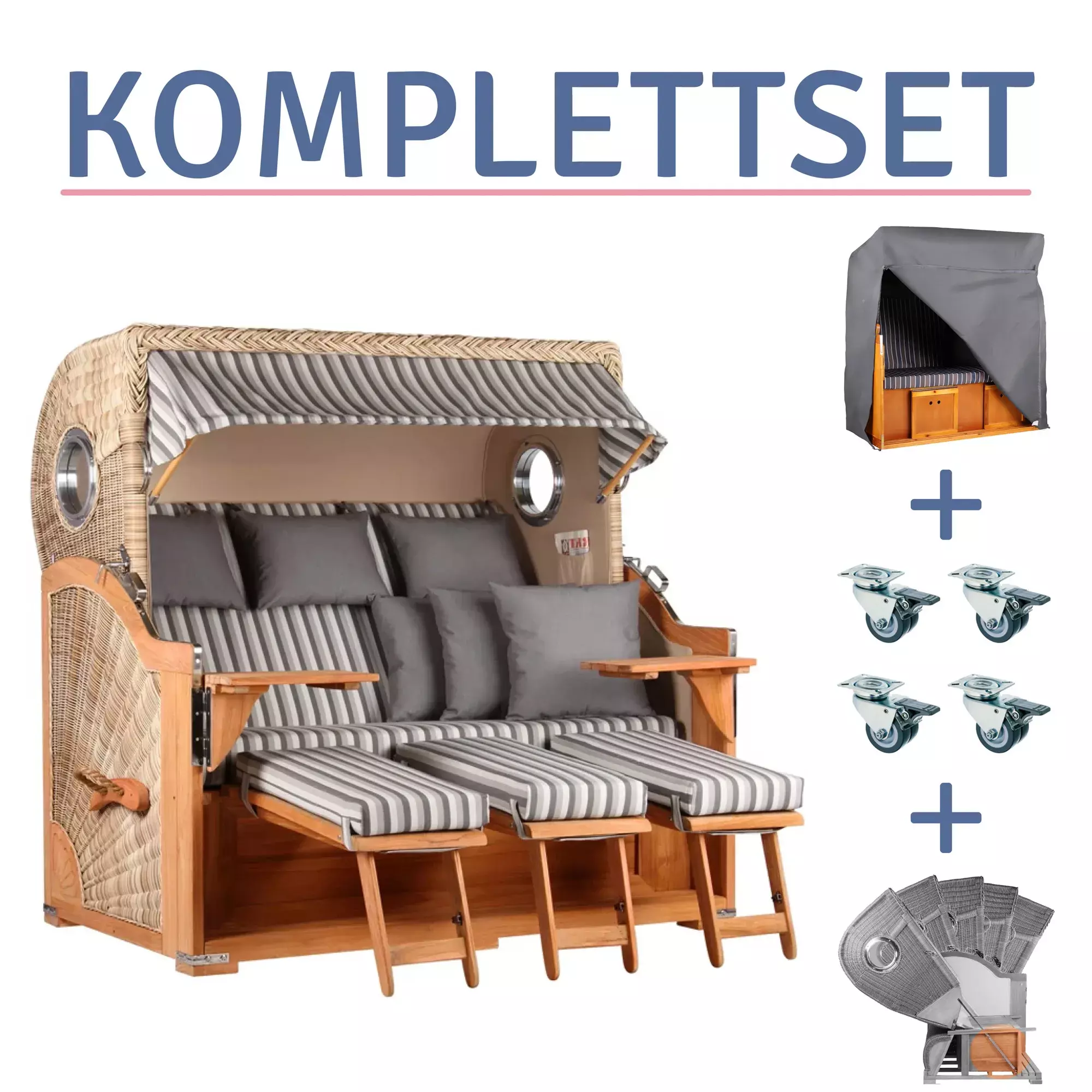 Strandkorb Norderney XXL Teak Bullauge PE shell Dessin 545-KOMPLETTSET