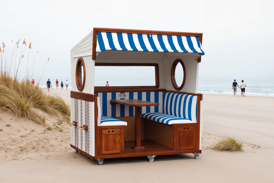 Gosch-Lounge Strandkorb 6-Sitzer durchgeflochten Mahagoni PVC Weiß ERA Dessin 991