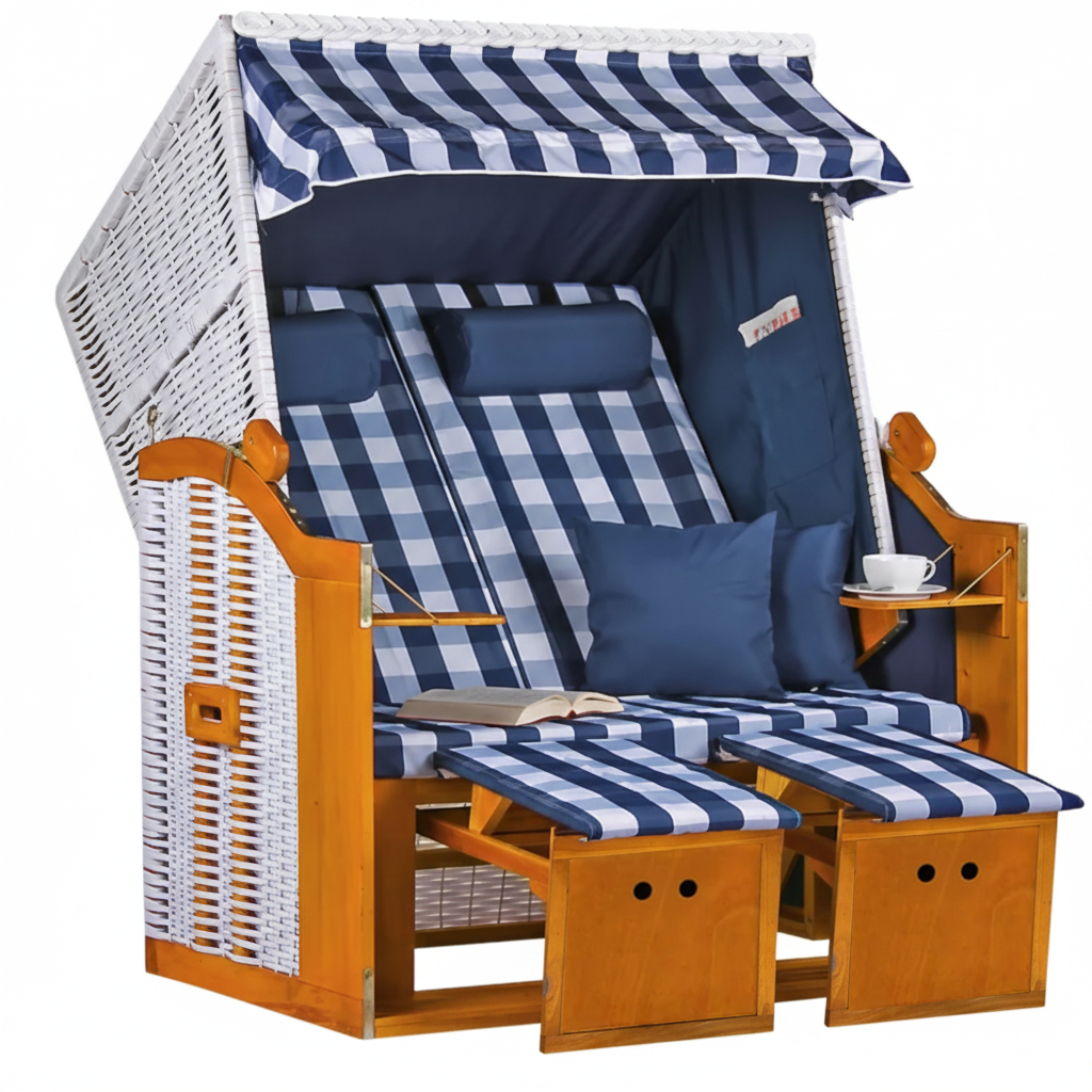 Strandkorb Baltic PE weiß Dessin Karo Blau